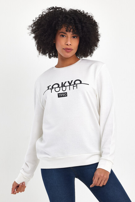 Süperlife Kadın Bisiklet Yaka Rahat Kalıp 3 iplik Kalın Tokyo Baskılı  Sweatshirt SPR24SWk30