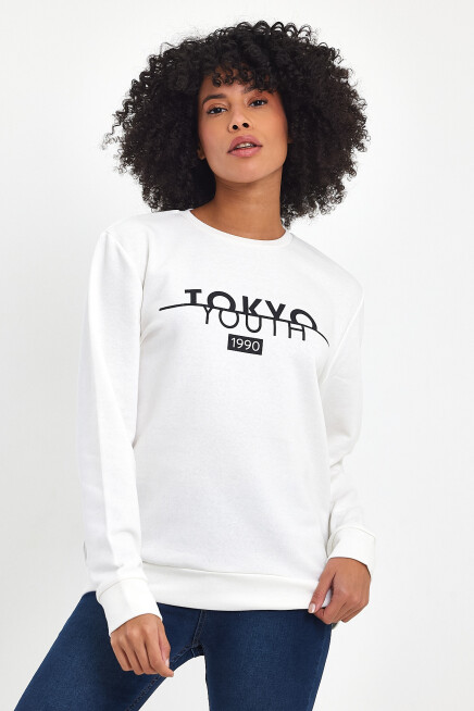 Süperlife Kadın Bisiklet Yaka Rahat Kalıp 3 iplik Kalın Tokyo Baskılı  Sweatshirt SPR24SWk30