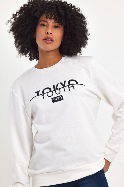Süperlife Kadın Bisiklet Yaka Rahat Kalıp 3 iplik Kalın Tokyo Baskılı  Sweatshirt SPR24SWk30