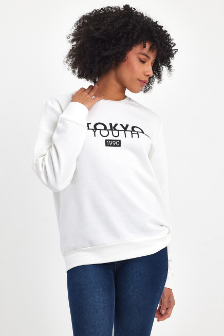 Süperlife Kadın Bisiklet Yaka Rahat Kalıp 3 iplik Kalın Tokyo Baskılı  Sweatshirt SPR24SWk30