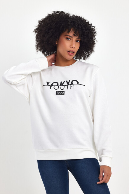 Süperlife Kadın Bisiklet Yaka Rahat Kalıp 3 iplik Kalın Tokyo Baskılı  Sweatshirt SPR24SWk30