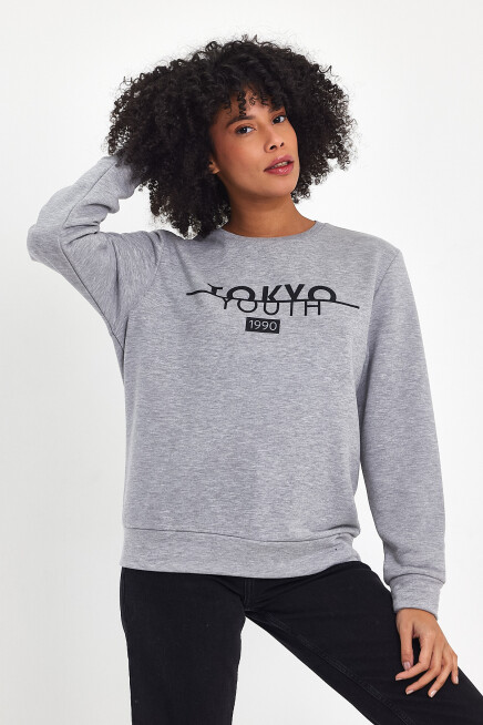 Kadın Bisiklet Yaka Rahat Kalıp 3 iplik Kalın Tokyo Baskılı  Sweatshirt SPR24SWk30