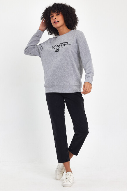 Süperlife Kadın Bisiklet Yaka Rahat Kalıp 3 iplik Kalın Tokyo Baskılı  Sweatshirt SPR24SWk30