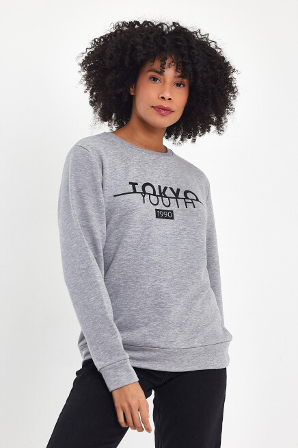 Süperlife Kadın Bisiklet Yaka Rahat Kalıp 3 iplik Kalın Tokyo Baskılı  Sweatshirt SPR24SWk30