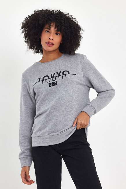 Süperlife Kadın Bisiklet Yaka Rahat Kalıp 3 iplik Kalın Tokyo Baskılı  Sweatshirt SPR24SWk30
