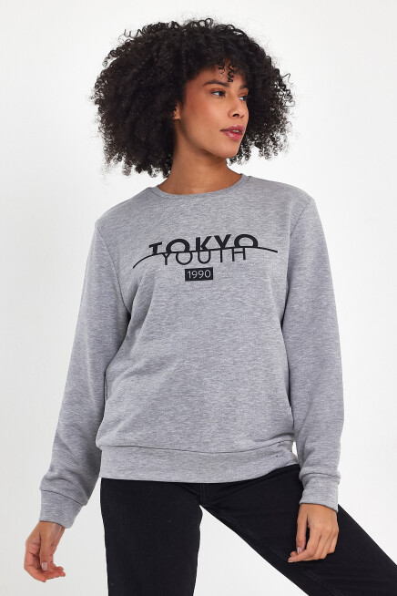 Süperlife Kadın Bisiklet Yaka Rahat Kalıp 3 iplik Kalın Tokyo Baskılı  Sweatshirt SPR24SWk30