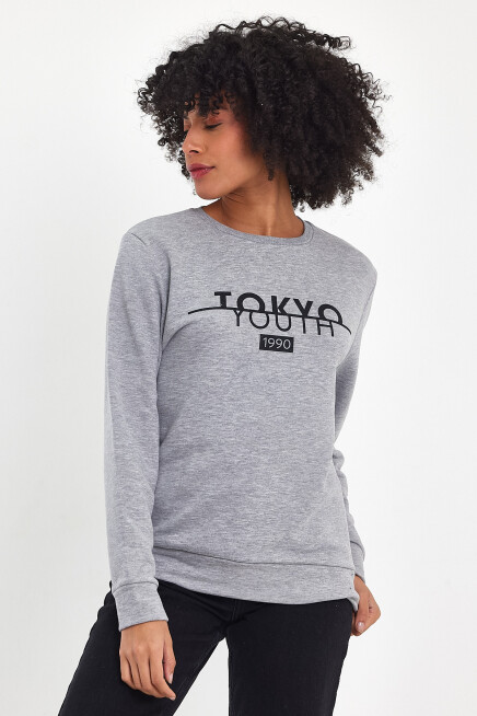 Süperlife Kadın Bisiklet Yaka Rahat Kalıp 3 iplik Kalın Tokyo Baskılı  Sweatshirt SPR24SWk30