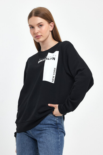 Süperlife Kadın Bisiklet Yaka Rahat Kalıp 3 iplik Kalın W.Brooklyn Baskılı  Sweatshirt SPR24SWK31