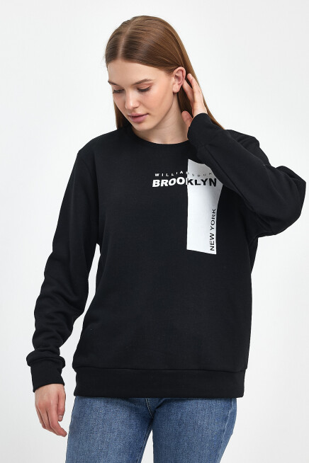 Süperlife Kadın Bisiklet Yaka Rahat Kalıp 3 iplik Kalın W.Brooklyn Baskılı  Sweatshirt SPR24SWK31