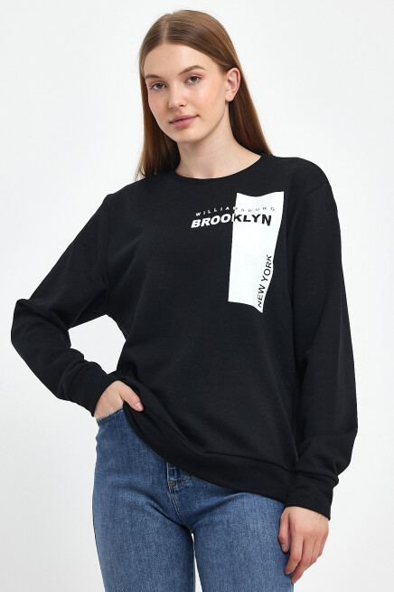 Süperlife Kadın Bisiklet Yaka Rahat Kalıp 3 iplik Kalın W.Brooklyn Baskılı  Sweatshirt SPR24SWK31