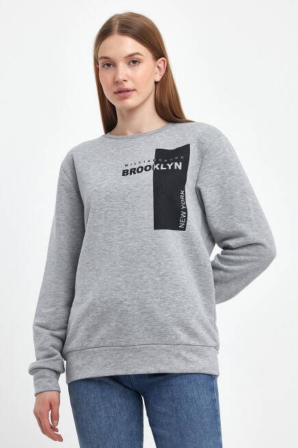 Süperlife Kadın Bisiklet Yaka Rahat Kalıp 3 iplik Kalın W.Brooklyn Baskılı  Sweatshirt SPR24SWK31