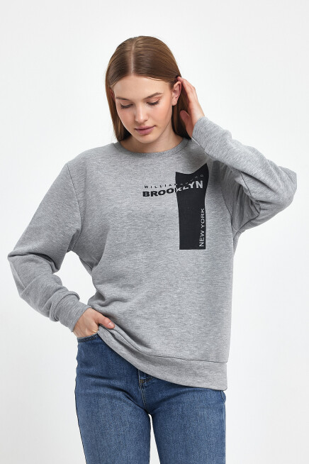 Kadın Bisiklet Yaka Rahat Kalıp 3 iplik Kalın W.Brooklyn Baskılı  Sweatshirt SPR24SWK31