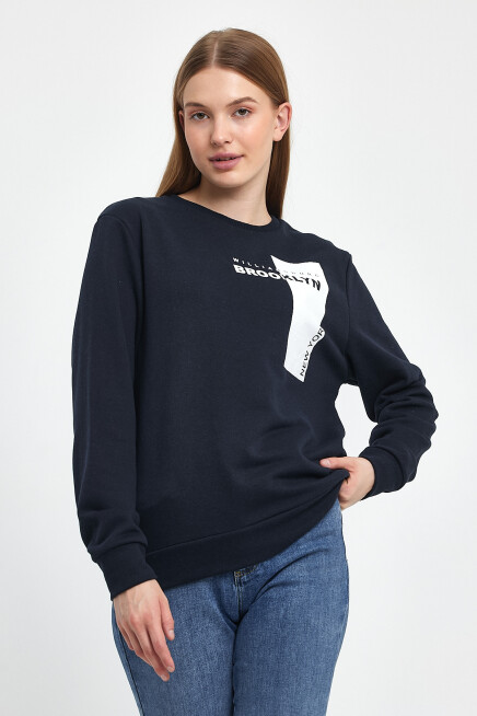 Süperlife Kadın Bisiklet Yaka Rahat Kalıp 3 iplik Kalın W.Brooklyn Baskılı  Sweatshirt SPR24SWK31