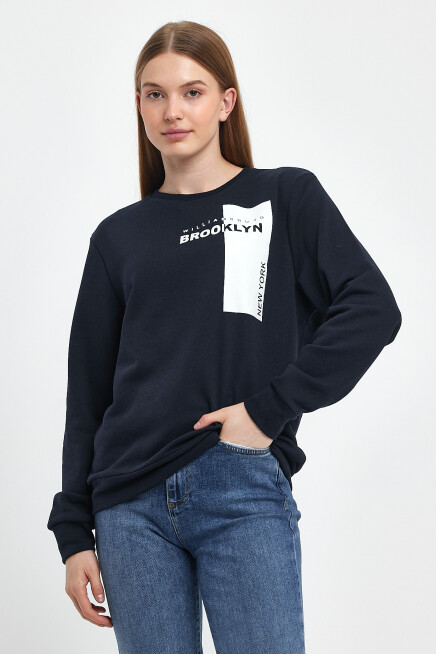 Süperlife Kadın Bisiklet Yaka Rahat Kalıp 3 iplik Kalın W.Brooklyn Baskılı  Sweatshirt SPR24SWK31