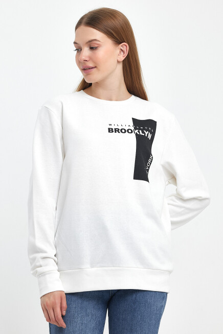 Kadın Bisiklet Yaka Rahat Kalıp 3 iplik Kalın W.Brooklyn Baskılı  Sweatshirt SPR24SWK31