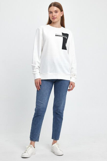 Süperlife Kadın Bisiklet Yaka Rahat Kalıp 3 iplik Kalın W.Brooklyn Baskılı  Sweatshirt SPR24SWK31