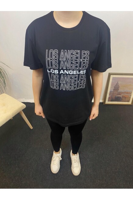 Süperlife Kadın Bisiklet Yaka Oversize Fit Baskılı Tişort SPR24tsk305