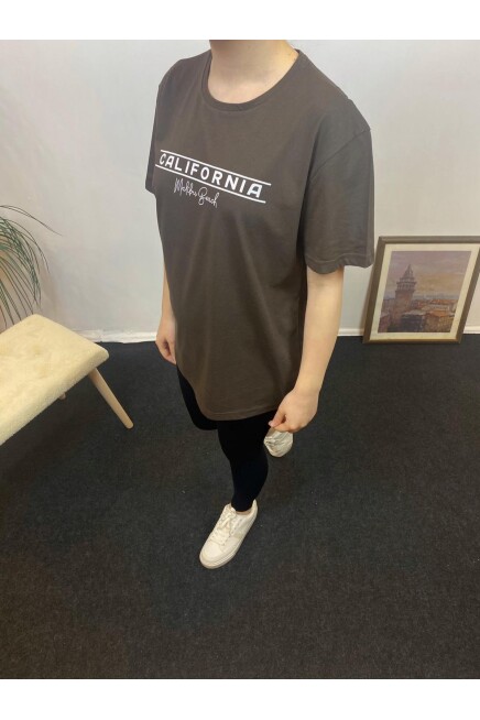 Süperlife Kadın Bisiklet Yaka Oversize Fit Californıa Baskılı Tişort SPR24tsk304