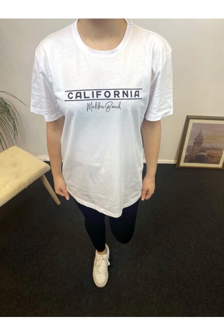 Süperlife Kadın Bisiklet Yaka Oversize Fit Californıa Baskılı Tişort SPR24tsk304