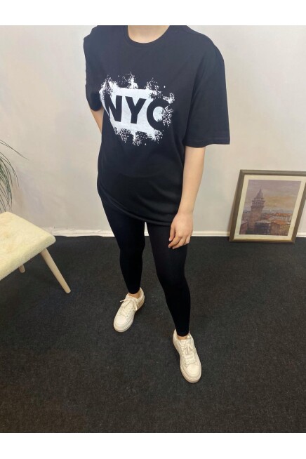 Süperlife Kadın Bisiklet Yaka Oversize Fit NYC Baskılı Tişort SPR24TSk114