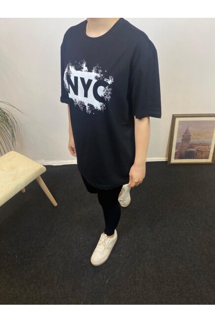 Kadın Bisiklet Yaka Oversize Fit NYC Baskılı Tişort SPR24TSk114