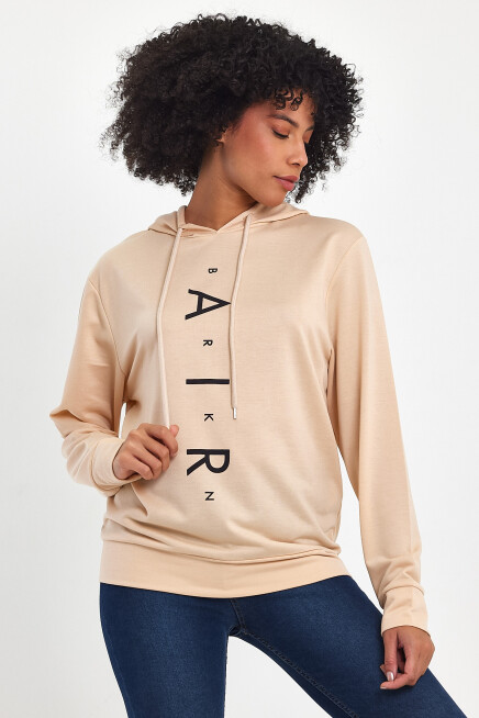 Süperlife Kadın Kapşonlu Oversize Fit Air Baskılı İnce Sweatshırt SPR22SWk162 