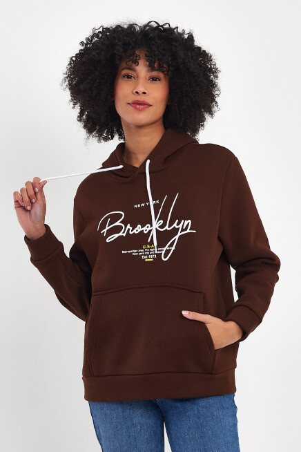 Süperlife Kadın Kapşonlu Rahat Kalıp İçi Polarlı 3 iplik El Yazılı Brooklyn Baskılı SweatShırt spr24swk16