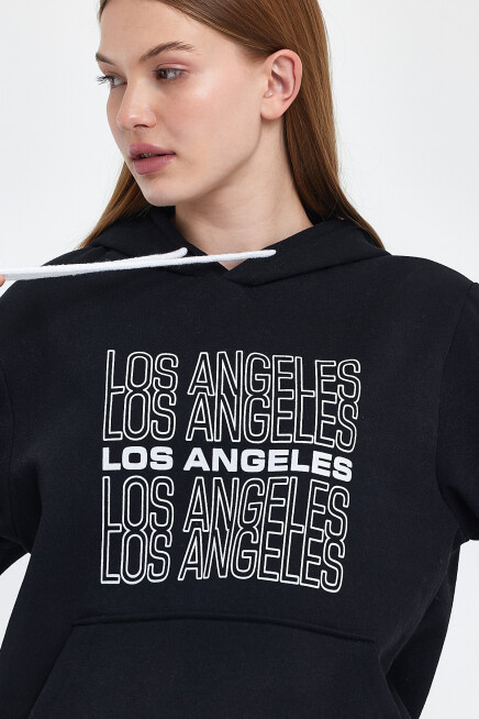 Süperlife Kadın Kapşonlu Rahat Kalıp İçi Polarlı 3 iplik  Los Angeles Baskılı SweatShırt spr24swK10