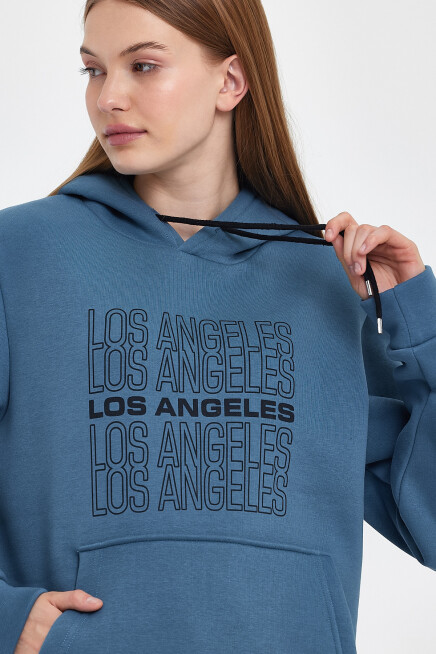 Süperlife Kadın Kapşonlu Rahat Kalıp İçi Polarlı 3 iplik  Los Angeles Baskılı SweatShırt spr24swK10