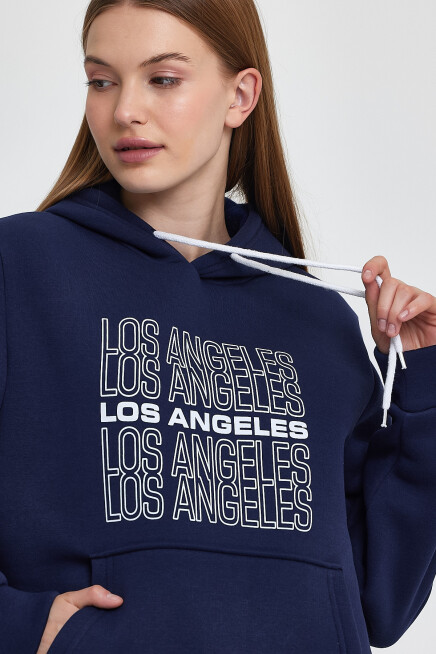 Süperlife Kadın Kapşonlu Rahat Kalıp İçi Polarlı 3 iplik  Los Angeles Baskılı SweatShırt spr24swK10