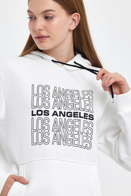 Süperlife Kadın Kapşonlu Rahat Kalıp İçi Polarlı 3 iplik  Los Angeles Baskılı SweatShırt spr24swK10