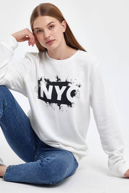 Süperlife Kadın Bisiklet yaka Rahat Kalıp 3 iplik Kalın NYC Baskılı SweatShırt spr24swk24