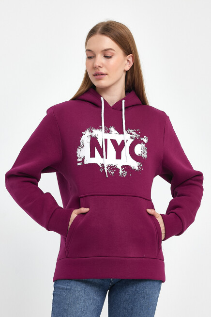 Süperlife Kadın Kapşonlu Rahat Kalıp İçi Polarlı 3 iplik NYC Baskılı SweatShırt spr24swK09