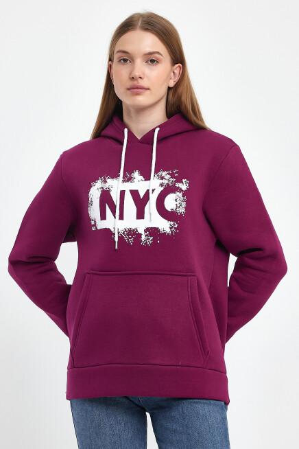 Süperlife Kadın Kapşonlu Rahat Kalıp İçi Polarlı 3 iplik NYC Baskılı SweatShırt spr24swK09