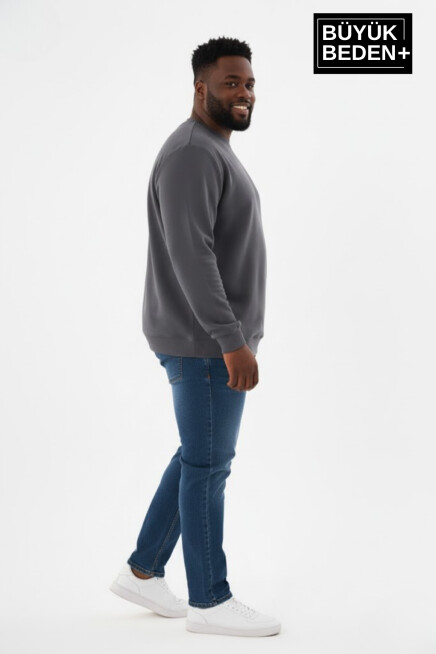 Erkek Büyük Beden Bisiklet Yaka Kollar ve Etek Ribanalı İnce Sweatshirt SPR26BSW956