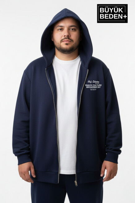 Erkek Büyük Beden Fermuarlı Kapüşonlu Chef Baskılı Sweatshirt Hırka - Rahat Kalıp SPR26BHR921