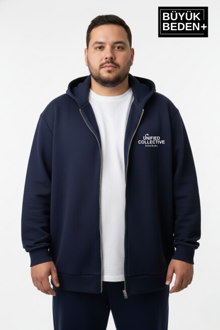 Erkek Büyük Beden Fermuarlı Kapüşonlu Unified Baskılı Sweatshirt Hırka SPR26BHR924