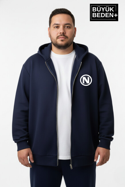 Erkek Büyük Beden Kapüşonlu Fermuarlı N Baskılı Sweatshirt Hırka SPR26BHR922