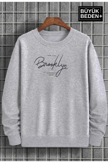 Süperlife Erkek El Yazılı Brooklyn Baskılı Büyük Beden İnce Bisiklet Yaka Swatshırt SPR25BSW59