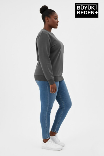 Kadın Büyük Beden Bisiklet Yaka Kollar ve Etek Ribanalı İnce Sweatshirt SPR26BSWK956