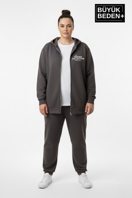 Kadın Büyük Beden  Fermuarlı Kapüşonlu Unified Baskılı Sweatshirt Hırka SPR26BHRK924