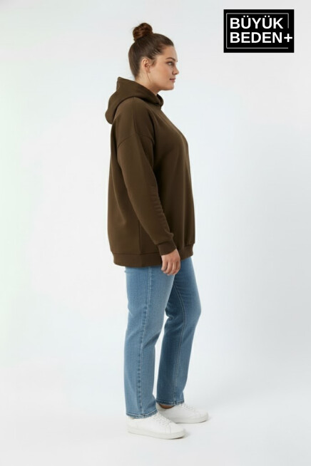 Kadın Büyük Beden İnce Kapşonlu Kollar Ve Etek Ribanalı Swatshırt SPR26BSWK957