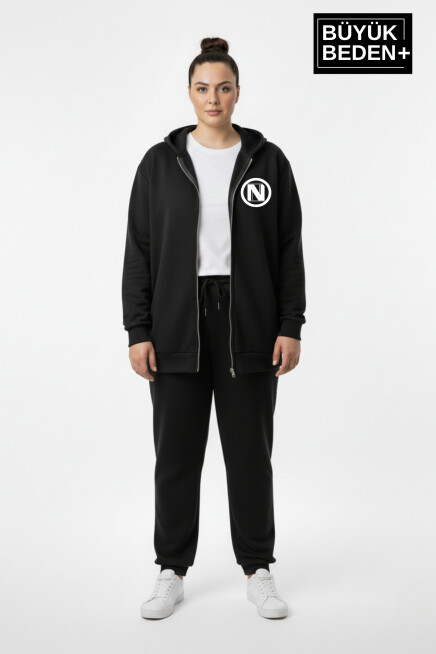 Kadın Büyük Beden Kapüşonlu Fermuarlı N Baskılı Sweatshirt Hırka SPR26BHRK922