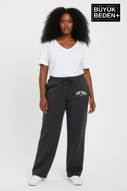 Kadın Büyük Beden New York Baskılı Rahat Kesim Paça Reçme ince Eşofman Altı SPR26EAk952-5