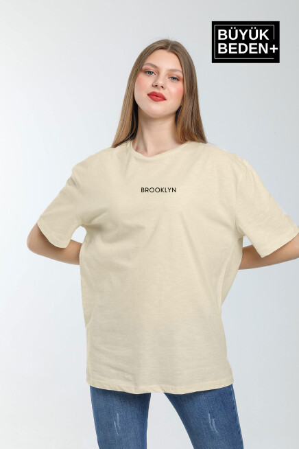 Süperlife Kadın Büyük Beden Orta Brooklyn Baskılı Bisiklet Yaka Tshırt SPR25BTSK11