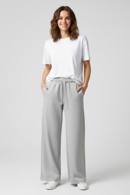 Kadın Yumuşak Hafif Nefes Alabilen Kumaş Geniş Paça Pantolon – Rahat Kalıp – Yüksek Bel – Grey