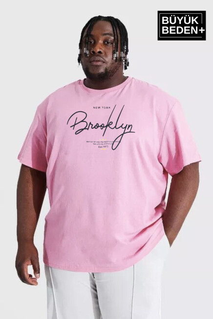 Süperlife Erkek Büyük Beden El Yazılı Brooklyn Baskılı Bisiklet Yaka Tshırt SPR25BTS12
