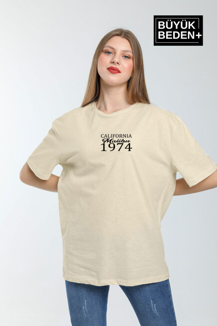 Süperlife Kadın Büyük Beden California 1974 Baskılı Bisiklet Yaka Tshırt SPR25BTSK06