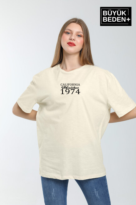 Süperlife Kadın Büyük Beden California 1974 Baskılı Bisiklet Yaka Tshırt SPR25BTSK06