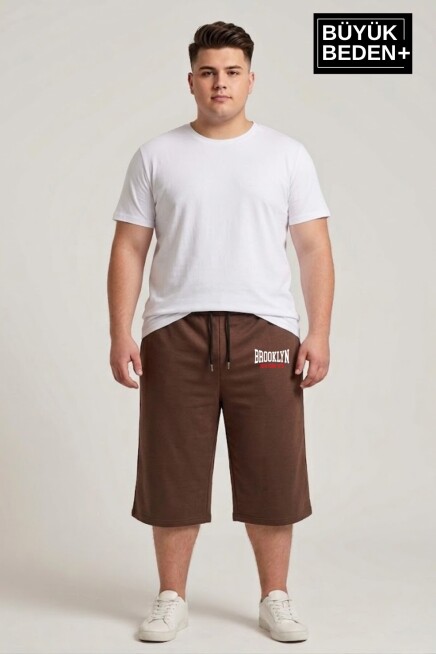 Büyük Beden Erkek 3XL-6XL Rahat Kalıp Cepli Brooklyn 1970 Baskılı Penye Kapri  Şort SPR26BSR591-03
